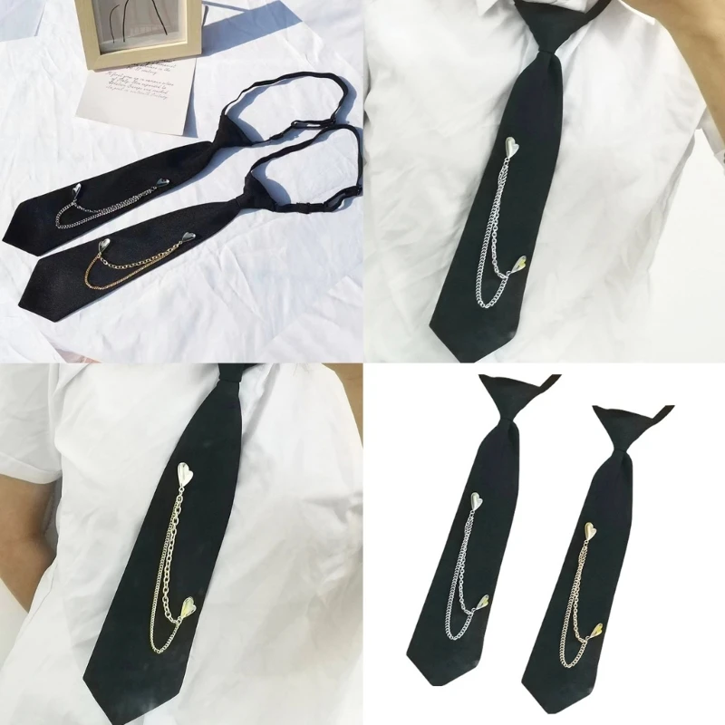 

634C Harajuku Vintage Tie Double Heart Chain Регулируемый предварительно завязанный галстук для униформы