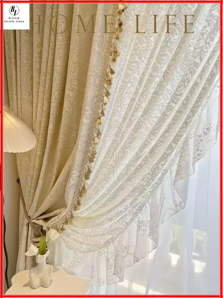 

Custom Size French Luxury Embroidered Cream Curtain for Living Dining Room Bedroom Relief Pattern Tassel Blackout White Tulle
