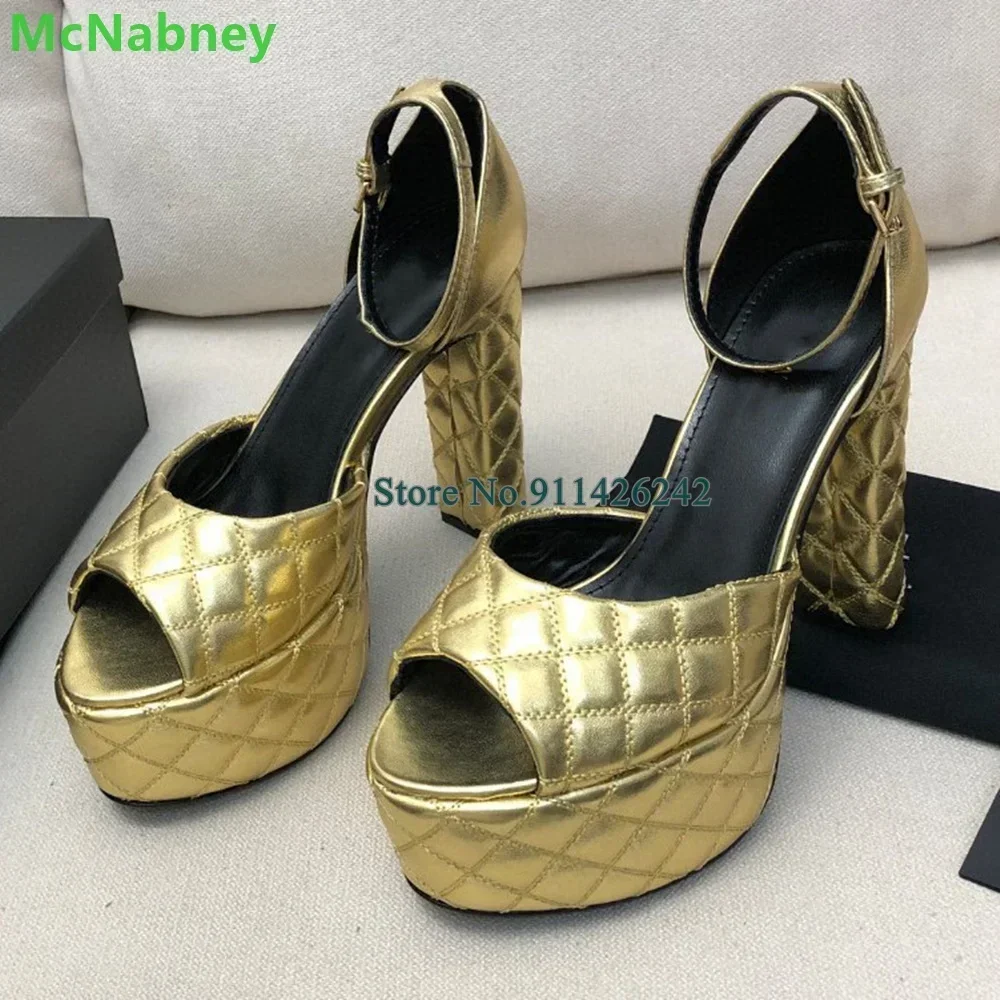 

Plaid Solid Platform Square Heel Sandals For Female Women Luxury Designer Peep Toe Ankle Strap With Buckle Shallow Fashion Shoes