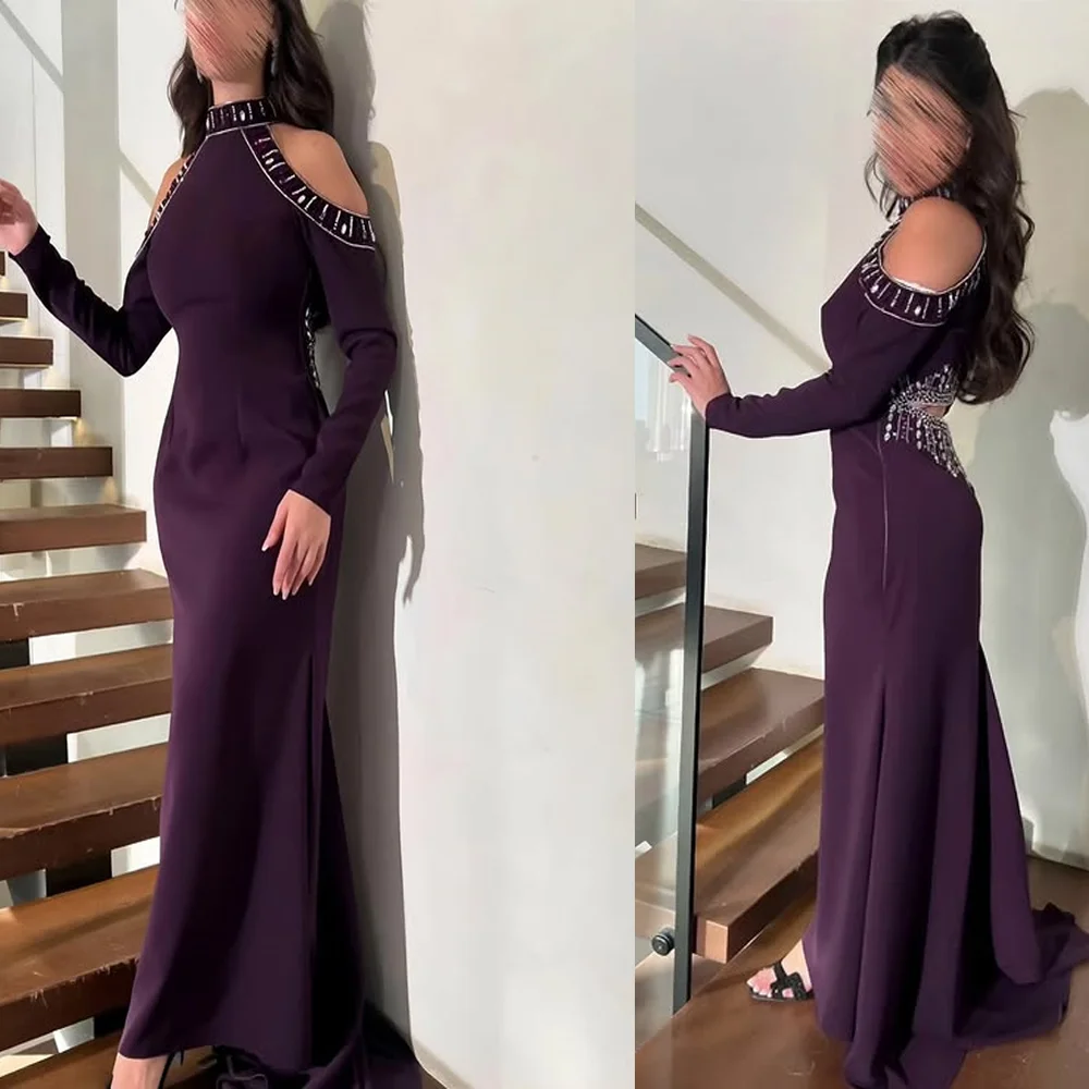 

Customized Saudi Arab High Neck Satin Sequins Fomral Evening Dresses Sheath Long Sleeve Prom Gown Floor Length with Court