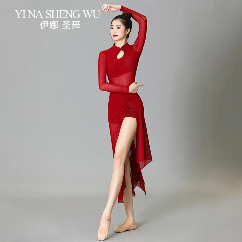 Classical Dance Clothing Mesh Long Sleeved Irregular Hem High Slit Latin Dance Costume Dance Practice Chinese Folk Dance Dress