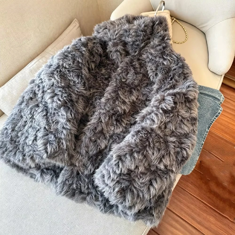 Winter Women Gray Tie Dye Gradual Hairy Curly Faux Sheep Fur Coat Lapel Collar Loose Warm Shaggy Jacket Pockets Korea Outerwear