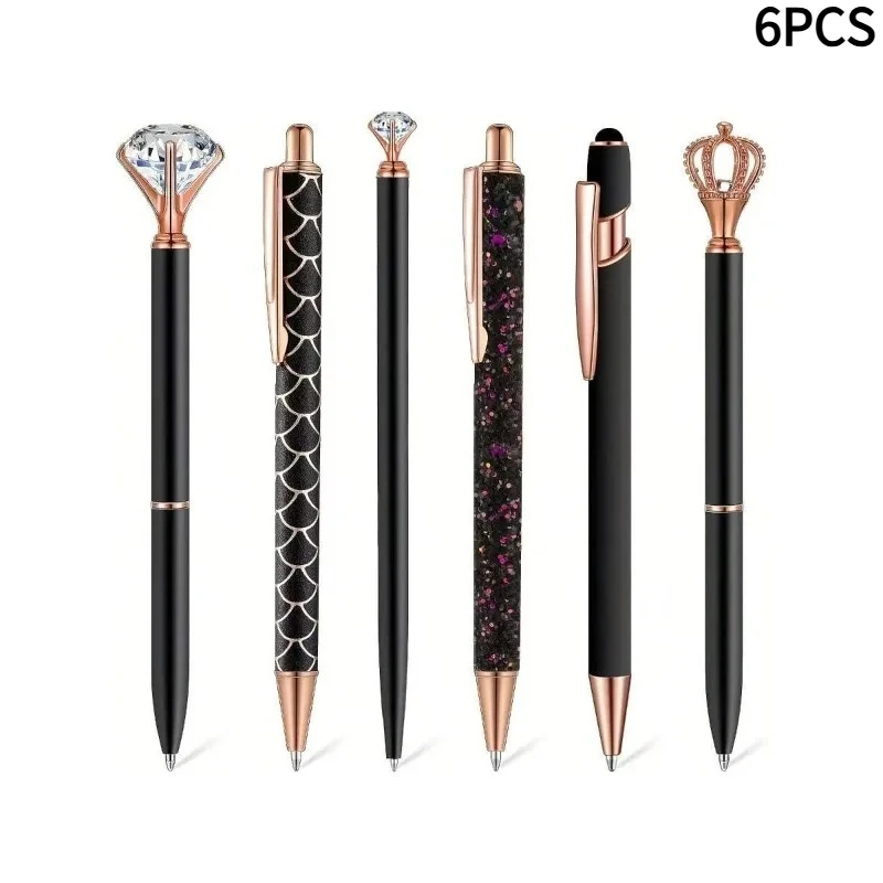 

6pcs Beautiful and Cute Round Ballpoint Pen Set with Metal Crystal Diamond Pen for Journaling, Black Ink Round Ballpoint Pen, Li