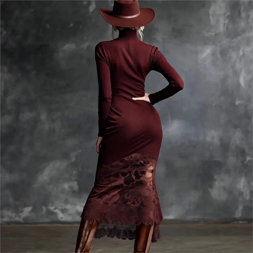 Fashion High-neck Spliced ​​lace Women's Dress Autumn Winter New Burgundy Slim Hip-covering Elegant Female Long-sleeved Dresses
