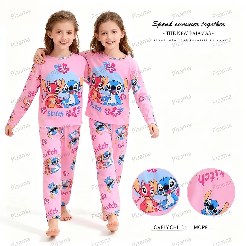 طقم بيجامة للأطفال بأكمام طويلة مع طابع غرزة باللون الوردي، ملابس مريحة للأطفال، ملابس نوم منزلية، ملابس نوم ليلو وستيتش