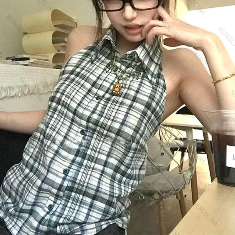 

Ретро милый крутой пикантный клетчатый жилет без рукавов на пуговицах для девочек, летняя уличная классическая универсальная жилетка в стиле Харадзюку, топ