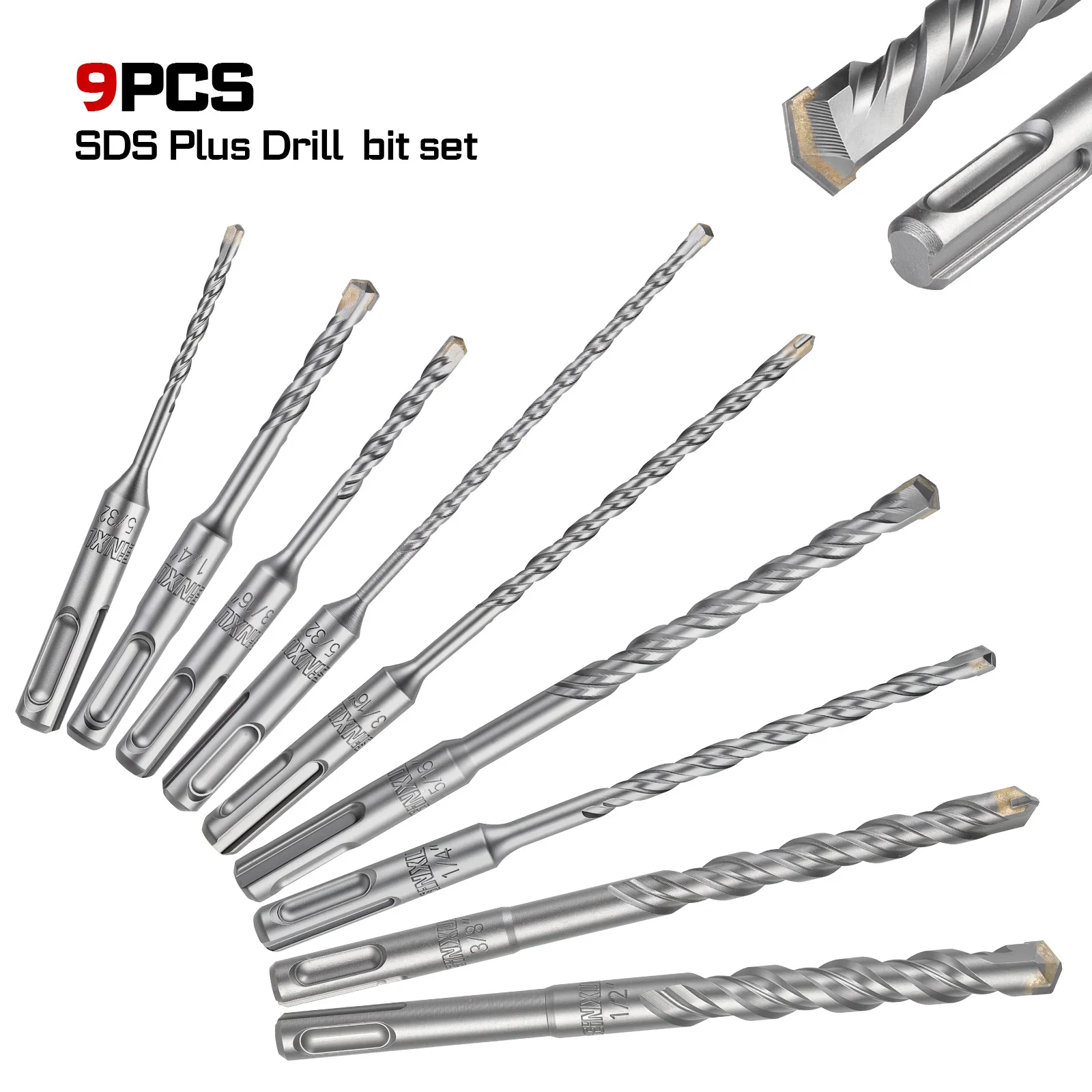 GEINXURN 9PCS SDS Plus Drill Bit Set Inch Size Carbide Tip Rotary Hammer Drill Bits 5/32" 3/16" 1/4" 5/16" 3/8" 1/2"