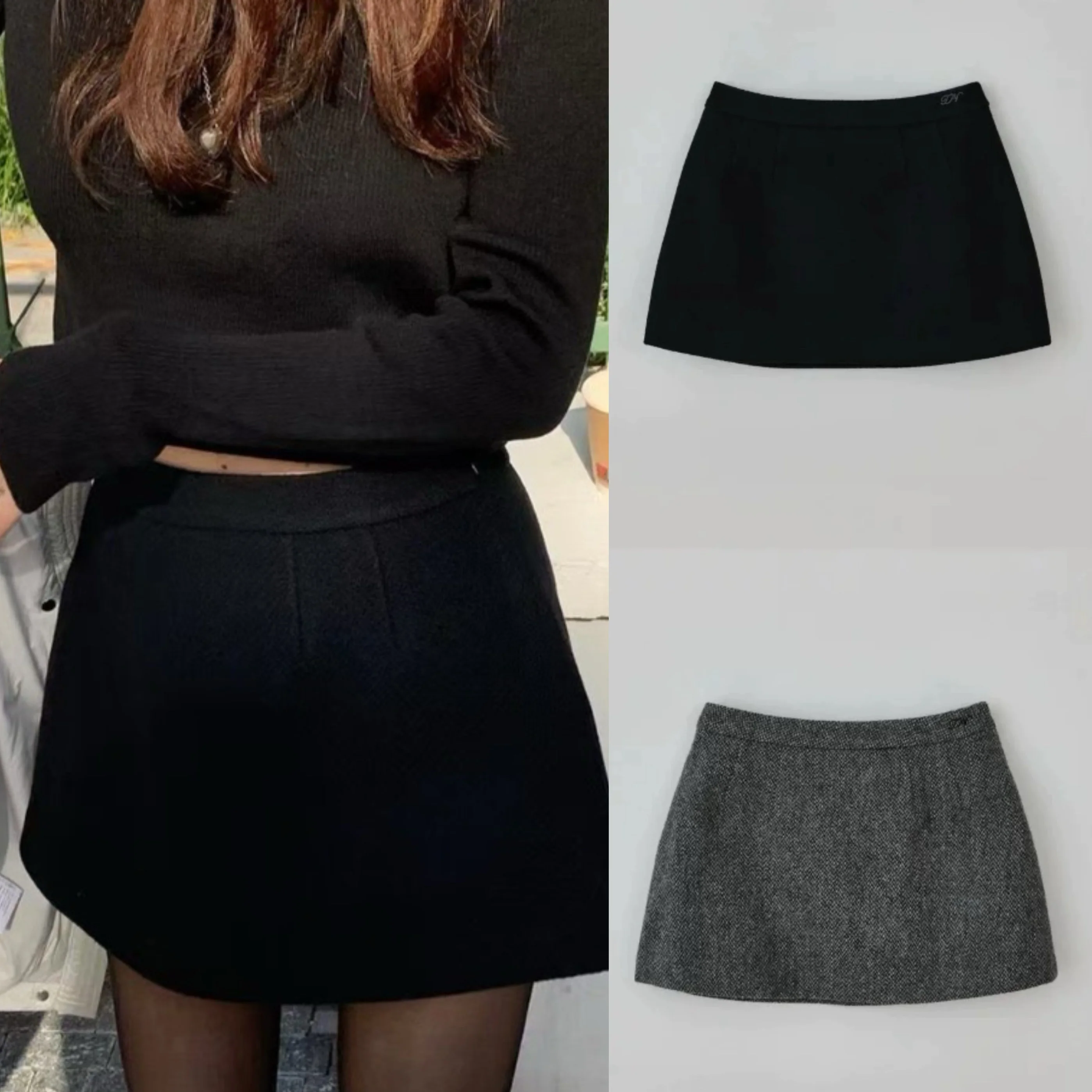 تنورة قصيرة بخصر مرتفع على شكل حرف A بلون واحد متعددة الاستخدامات من الصوف التانات تنورة قصيرة على الطراز الكوري مطرزة للسيدا... #1