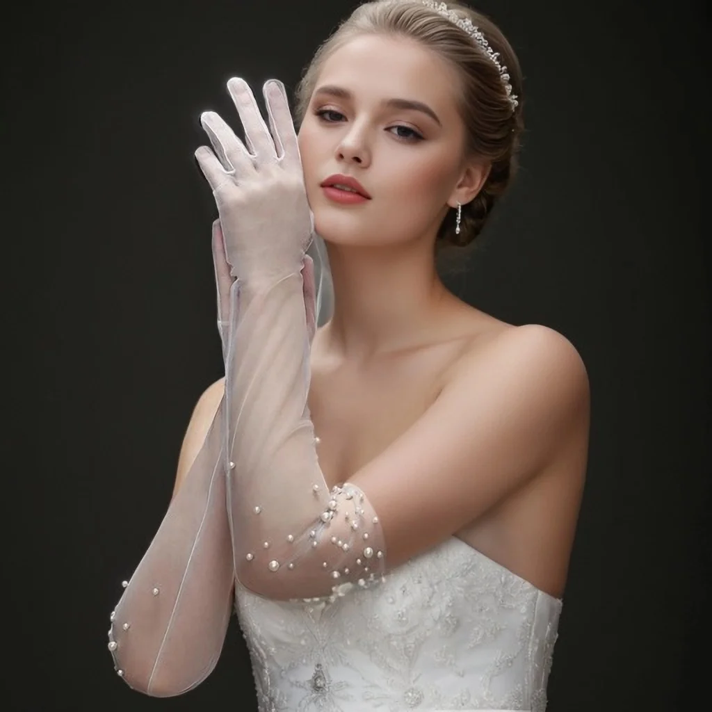 1 Pair Pearl Beaded Elbow Length Fingerless Bridal Gloves for Wedding Bride Elegant off white Bridal Accessories GM06