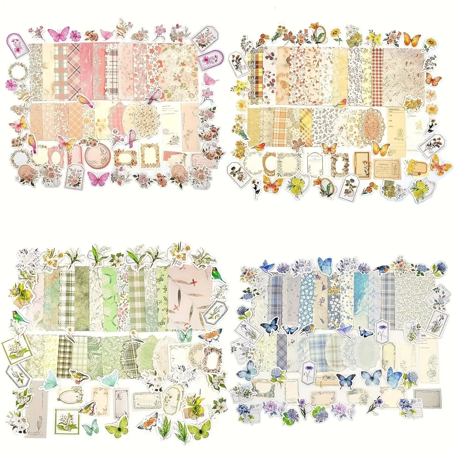 Antique Vintage Scrapbooking Supplies Kit - 4-Pack Assorted Collage Paper, 400pcs Butterfly & Bird Decal Illustrations Stickers, Sticker Book for DIY Journaling, Retro Crafts, Decal Sticker