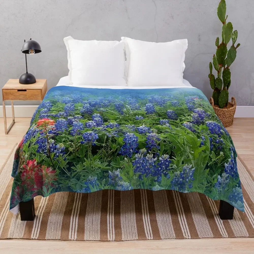 Pretty BlueBonnets - Blue and Red Hill Country Flowers - Spring Botanical Florals Throw Blanket Travel Decorative Beds Blankets