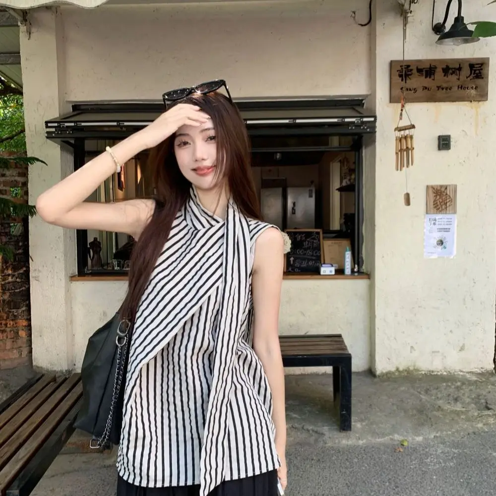 

Design Sense Unique Ribbon Sleeveless Tops Women's Summer Leisure Korean Style Outer Wear Striped Waistcoat Vest