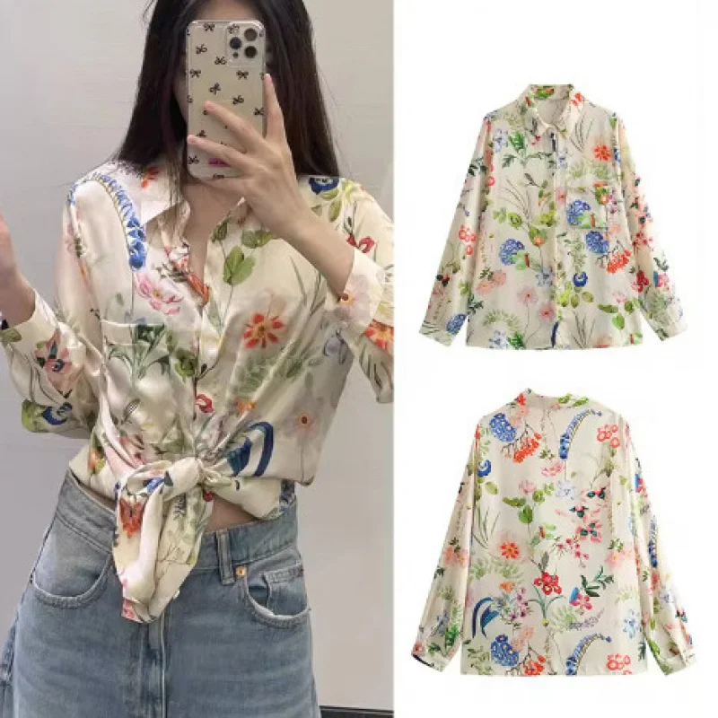 

New Summer Women's Fresh and Elegant Long Sleeve Turn-Down Collar Floral Shirt
