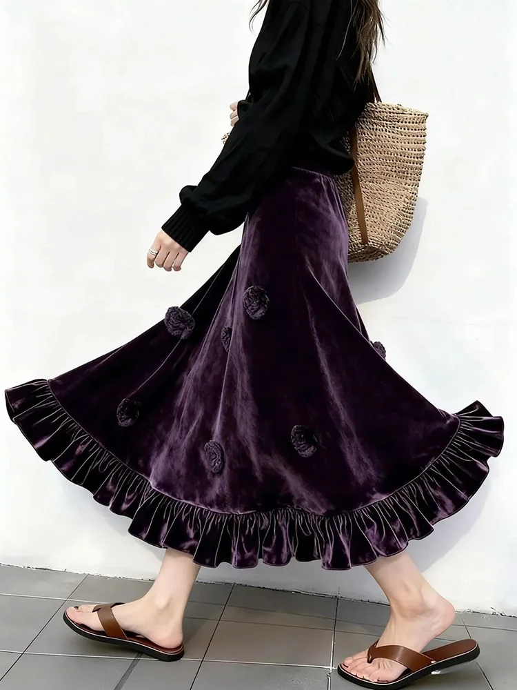 Elegant Slim Velvet Long Skirt Women 3D Floral Vintage High Waist Skirts Casual Fall Winter Lady Korean Sweet Purple Long Skirts