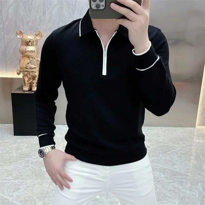 

High Street Fashion Men Turn-down Collar Half Zipper T-Shirts Simple All-match Long Sleeve Autumn Winter Panelled Elastic Tops