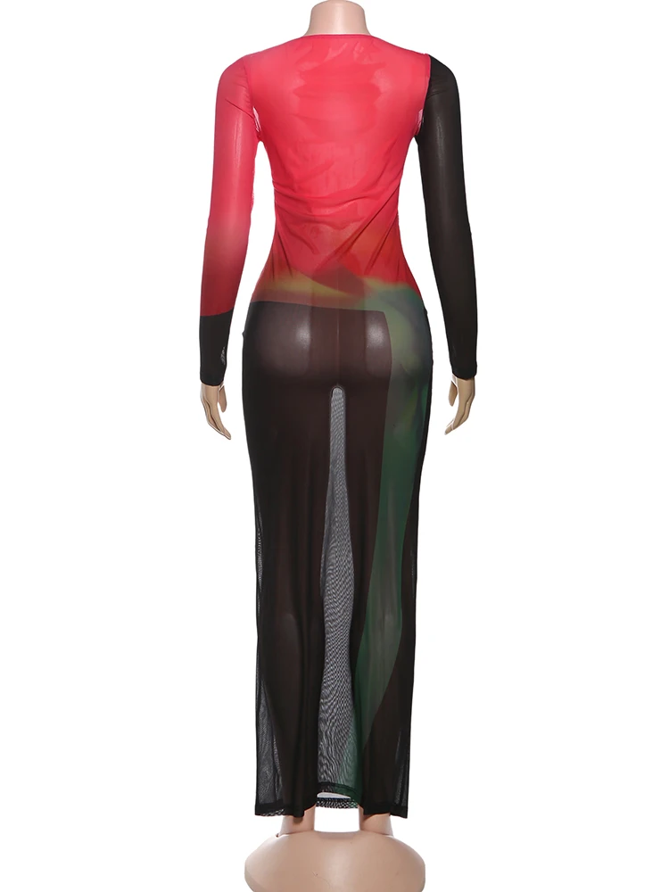 Sisterlinda Farbverlauf Kleid Frauen Sexy Patchwork oansatz Volle Hülse Pfirsich Hüfte Elegante Einfache Abend Prom Party Bodycon