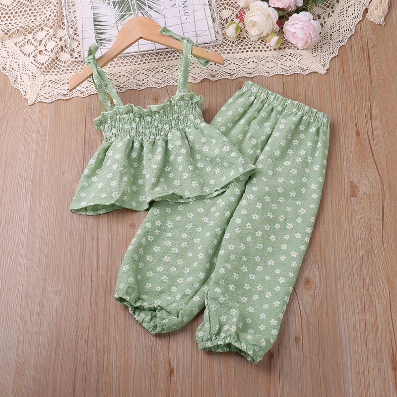 Girls Fashionable  Casual Set  Floral Sling Top Anti-mosquito Pants Set