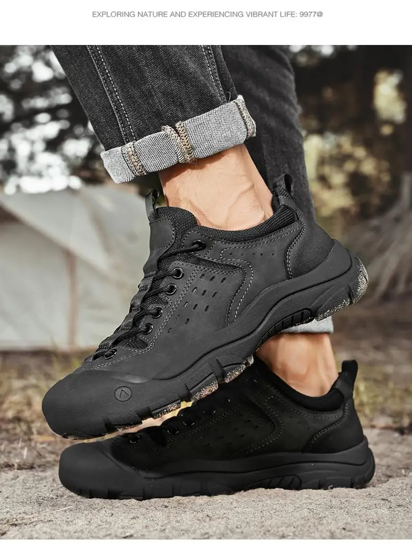 

Men's Outdoor Climbing oes Anti-slip Genuine Leather Casual Hiking Boots Low Top o Absorption Insole Rubber Outsole