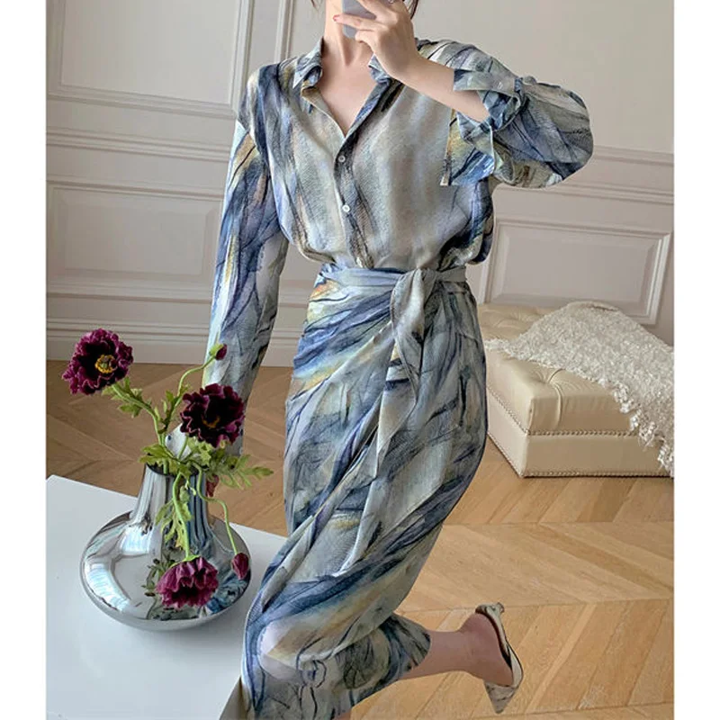 

Women Turn-down Collar Long Sleeve Button Printing Shirt Lacing Mid-length A-line Skirt Spring Autumn New Fashion Dress Sets