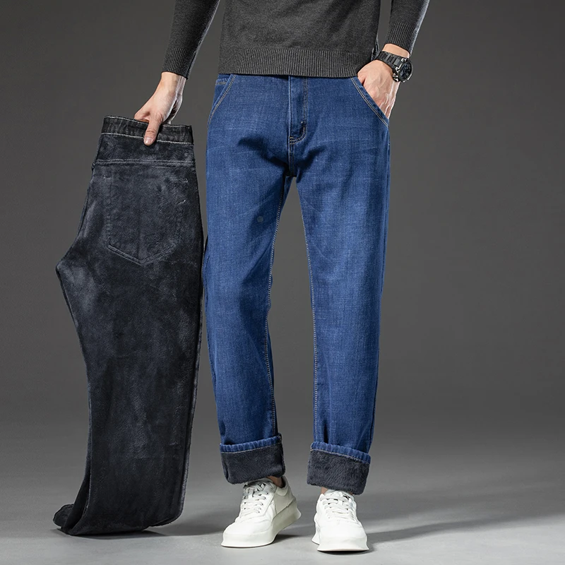 تمتد الصوف الجينز الرجال شتاء الأعمال الجديدة مريحة سميكة المخملية سراويل جينز موضة مستقيم عادية الذكور أفخم بنطلون