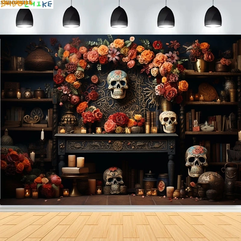 

Day Of The Dead With Floral Ornaments Photography Backdrops Skulls Halloween Magic Costumes Scary Stories Background DV-04