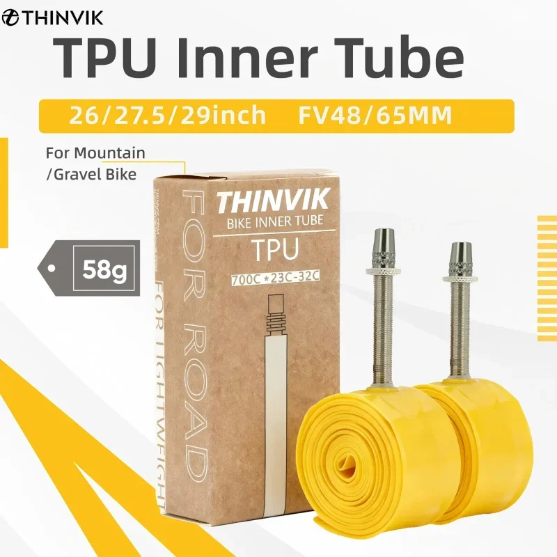 

Thinvik TPU Inner Tube forMountain Gravel Ultralight 58g Bike 26''/27.5''/29'' with 1.9-2.5 Metal Presta Valve 48/65MM-2pcs