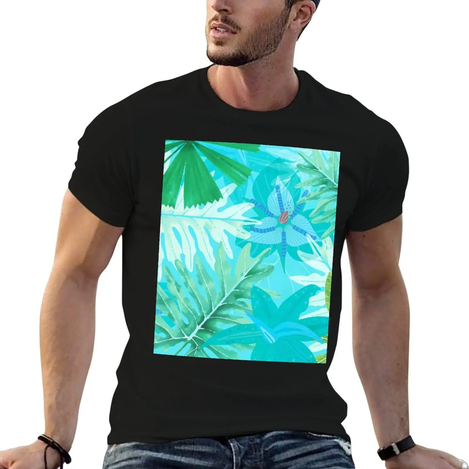 Abstract teal Aloha Tropical Foliage Botanical Garden Pattern T-Shirt sports fans Blouse mens t shirts casual stylish