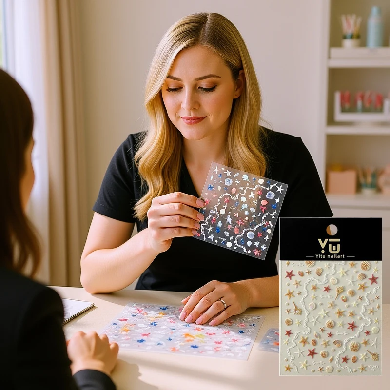 1 vel 5D Glanzende Reliëf Zeester Nagels Stickers Zomer Schelp Nail Sticker Bohemen Strand Zee Conch Nail Decals Decoratie
