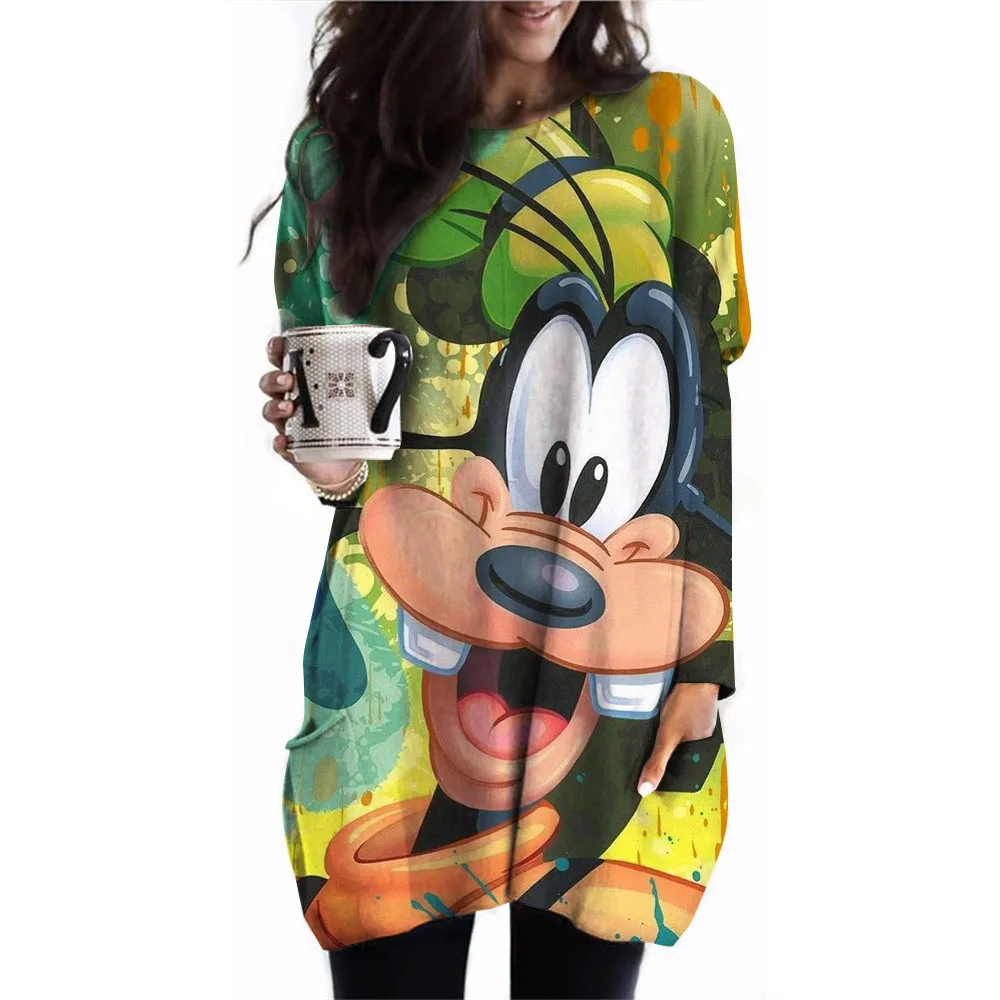 Women's long top early autumn pullover casual fashion Disney Goofy printed waistband top with pockets women's shirt