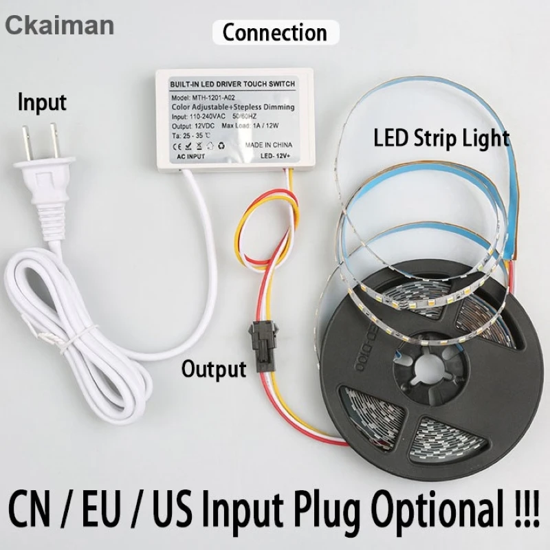 110V 220V All-in-One 12V 1A 12W Single Button Mirror Touch Sensor Switch, Bathroom Mirror LED Light Touch Switch