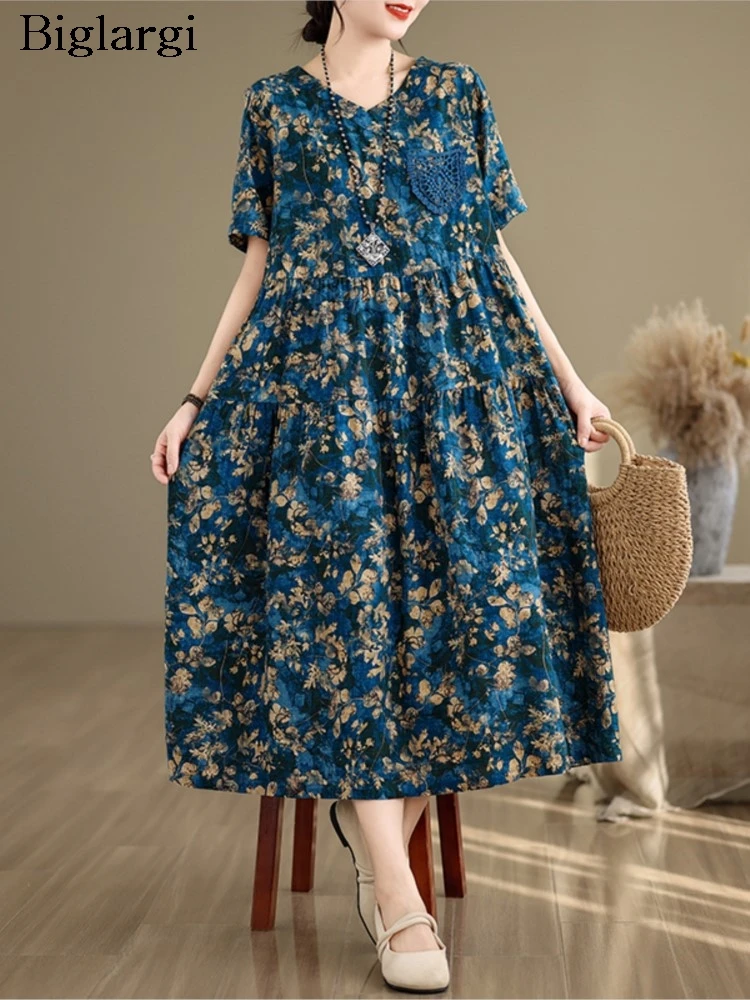 

Oversized Summer V-Neck Flower Floral Print Midi Dress Women Ruffle Pleated Loose Modis Ladies Dresses Casual Woman A-Line Dress