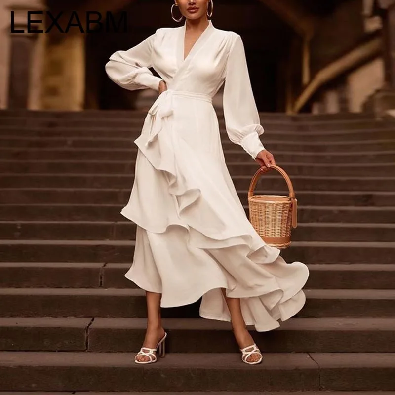 Elegant White Dresses For Women V Neck Long Sleeve High Waist Irregular Ruffles Maxi Dress Chic Evening Partyclub Spring Autumn