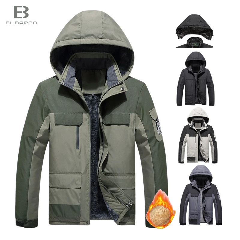 

EL BARCO 2022 Hot Winter Warm Fleece Waterproof Windproof Outdoor Zipper Detachable Hat Military Black Grey Men Coat Jackets