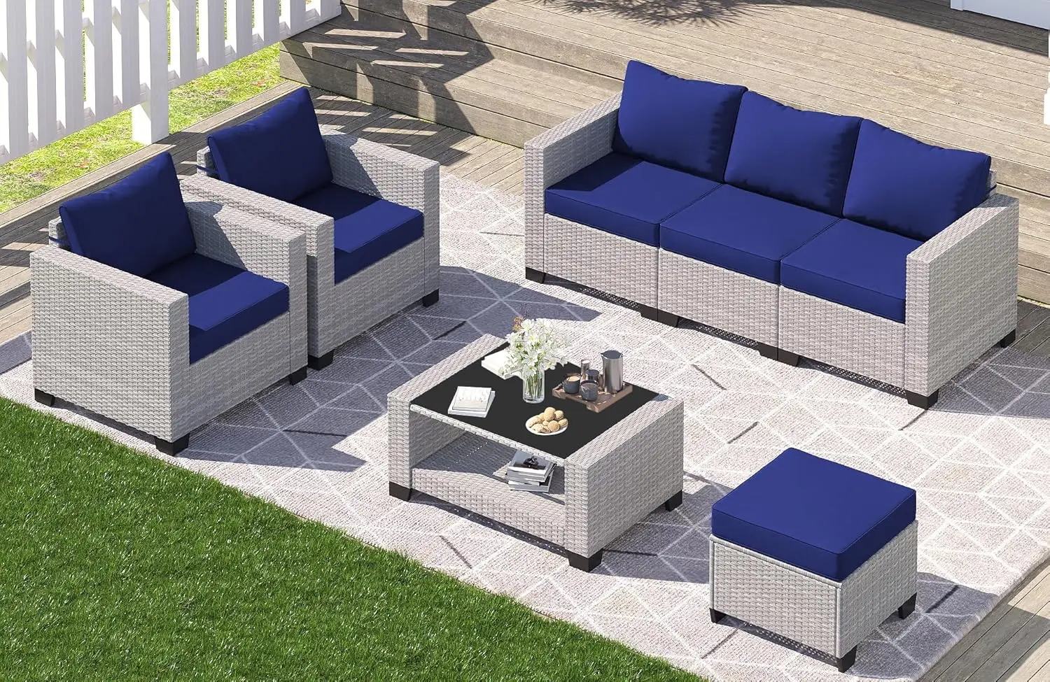 

7-piece Set of Outdoor Terrace Furniture, Wicker Chairs, Conversation Chairs, and Colored Sofas with Cushions
