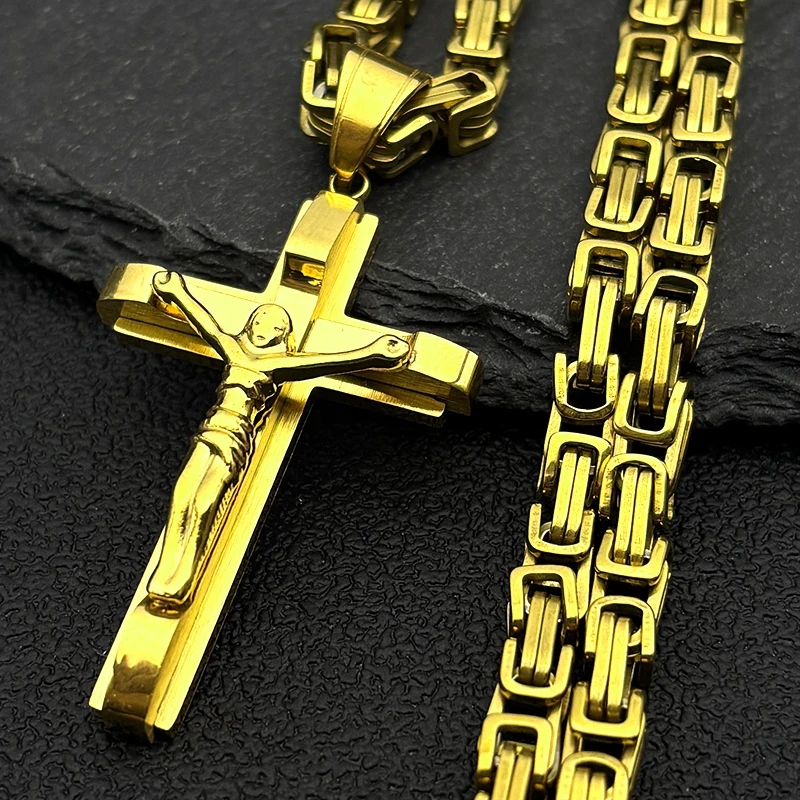 

Hip Hop Jesus Cross Crucifix Pendant Necklace for Men Stainless Steel Gold Color Christian Punk Byzantine Chain Jewelry Gift