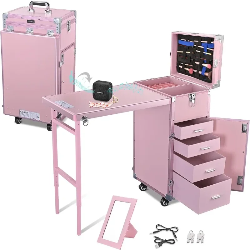 Rolling Manicure Table Foldable Nail Table Makeup Train Case with Desk Cosmetic Trolley Travel Storage Organizer