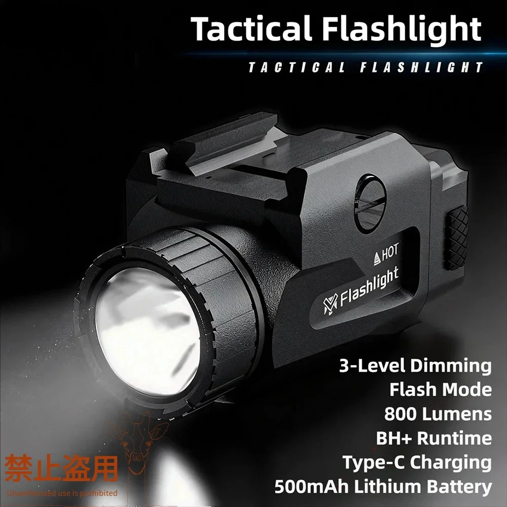 

800LM Tactical Flashlight, 4 Mode USB Rechargeable LED Light, Quick Release Mount for 20mm Rail Outdoor Hunting