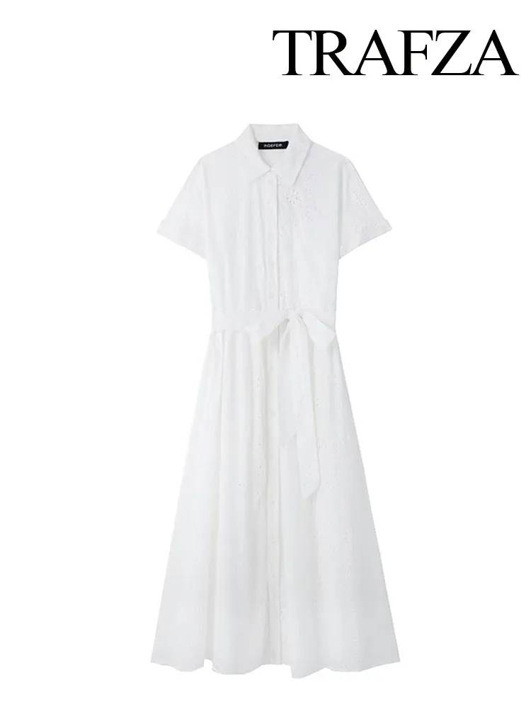 

TRAFZA Women Summer Fashion Long Dresses Turn-Down Collar Short Sleeve Pocket Belt Single Breasted Female Elegant Dress TRAF