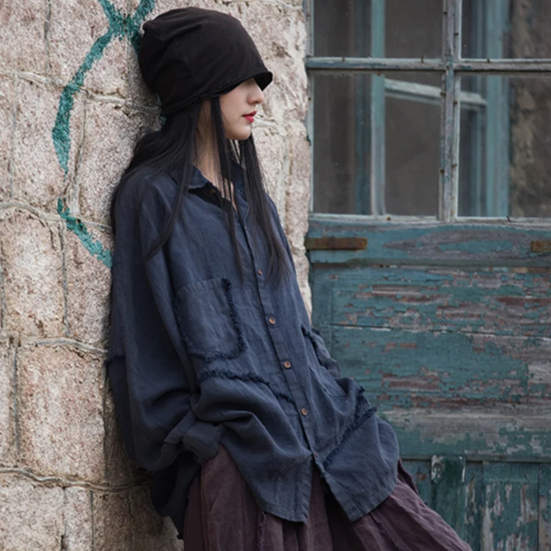 Women Loose Shirt Summer Autumn r Retro Casual Flax Tops Ladies Vintage Blouse Tops Outer Garment Woman Jacket