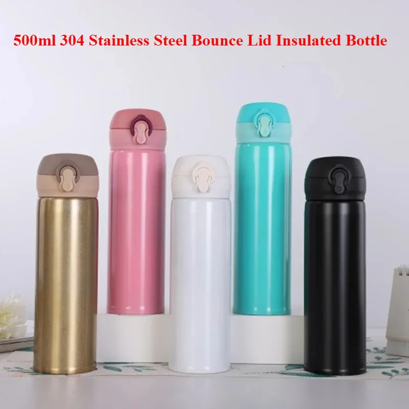 500ml 304 Stainless Steel Bounce Lid Insulated Bottle, Glossy Vacuum Flask for Daily & Office Use