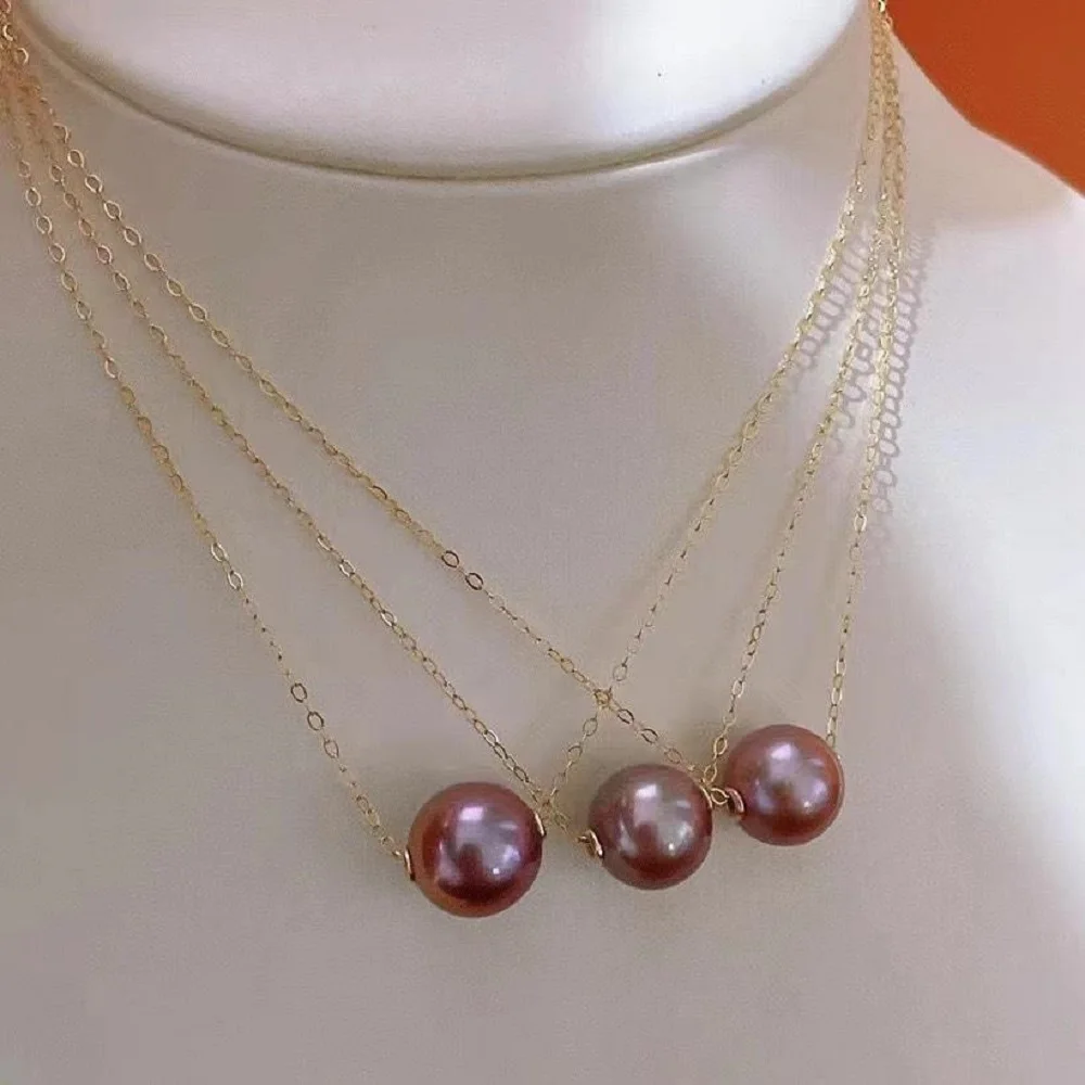 

1 piece - Pearl pendant AAAA10-11mm natural South Sea round purple pearl pendant 18k/AU750 gold/18 inch