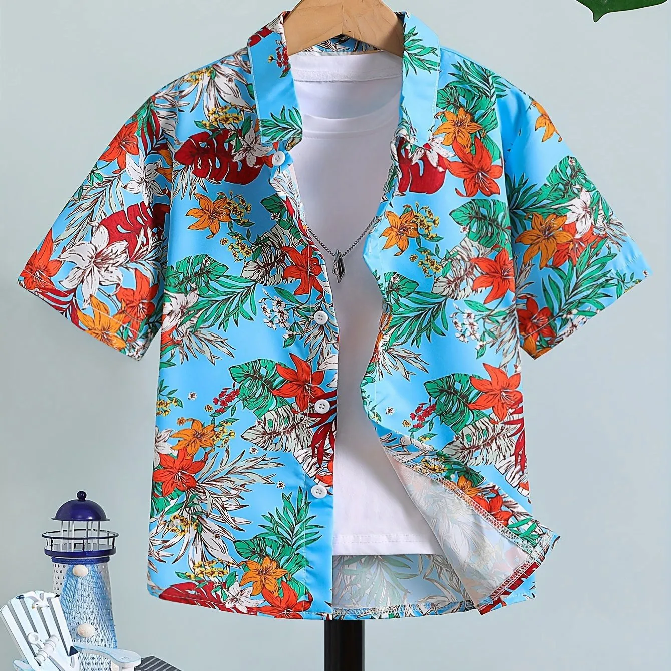 Baju atasan anak laki-laki, kemeja Hawaii trendi, baju atasan pantai musim panas pola tropis lengan pendek, baju kasual anak-anak, tahan lama, nyaman, untuk anak laki-laki