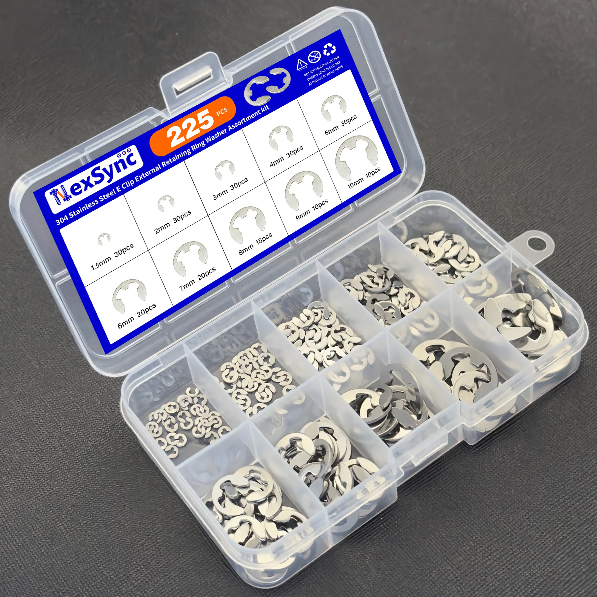 225Pcs 304 Stainless Steel E-Clip External Retaining Ring Washer Assortment Kit, E Clips Circlips Set for Shaft Fastening, 1.5mm