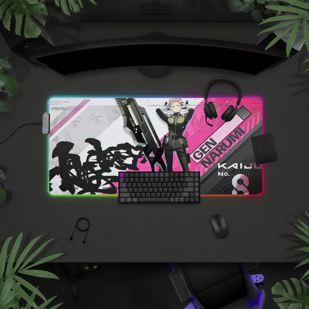 Anime K-Kaiju No 8 Mouse Pad RGB LED Light Colorful Game Keyboard Non-slip Cover Desk-mat Surface Waterproof