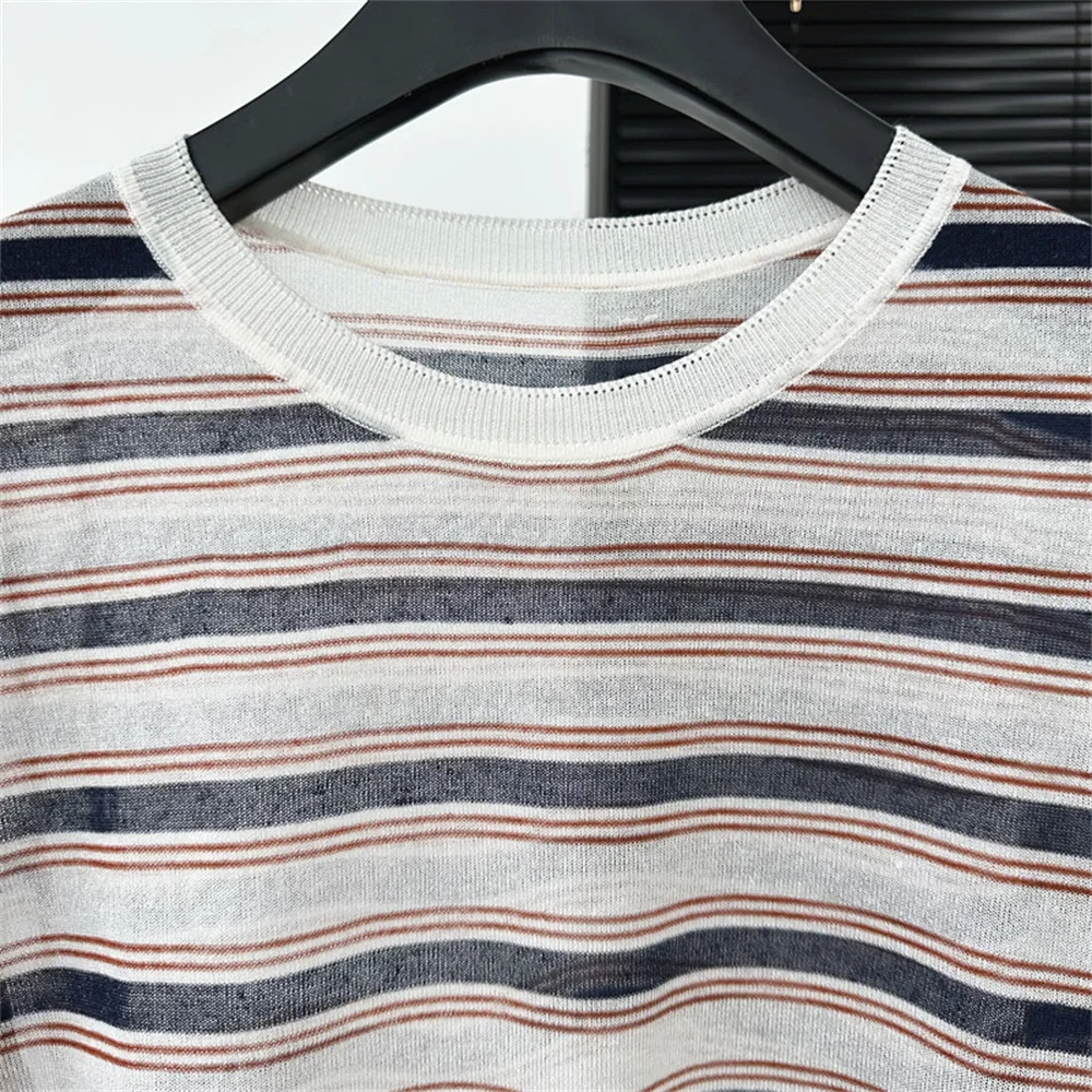 2026 Summer New Clothes Crew Neck Long Sleeve Top Color Block Striped Hem Drawstring Loose Linen Blend Knit Sweater