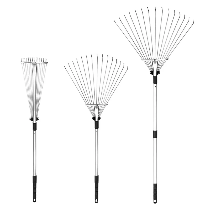 Adjustable Metal Garden Leaf Rake Telescopic Folding Lawn Rake Expandable Yard Rake for Flowers Bed Roof Yard Cleaning