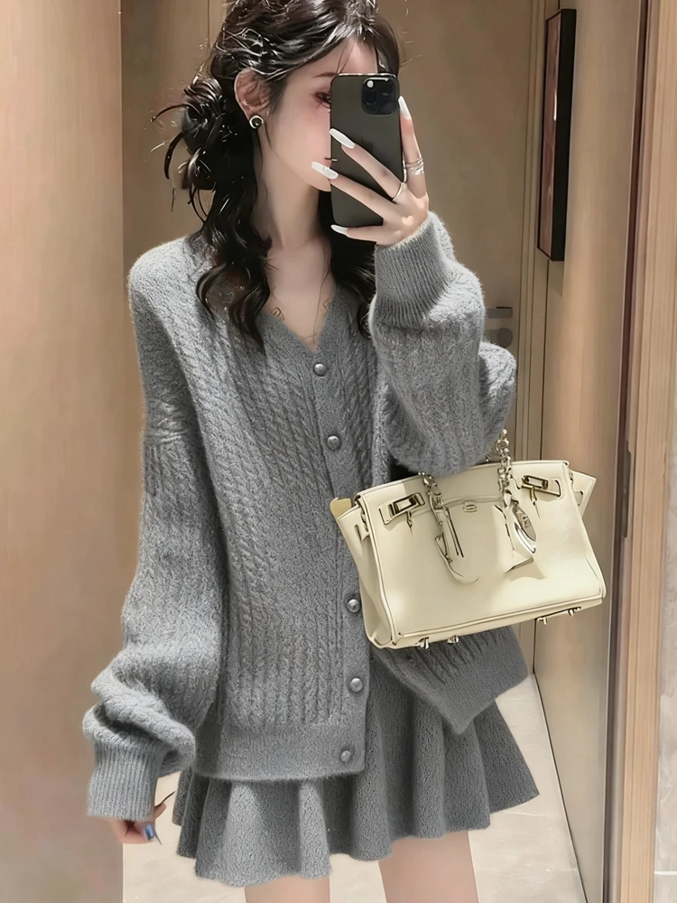 السيدات V-Ne محبوك سترة وتنورة ort قطعتين مجموعة عادية Sle الترفيه Faion التخسيس الألوان المتناقضة الخريف ث...