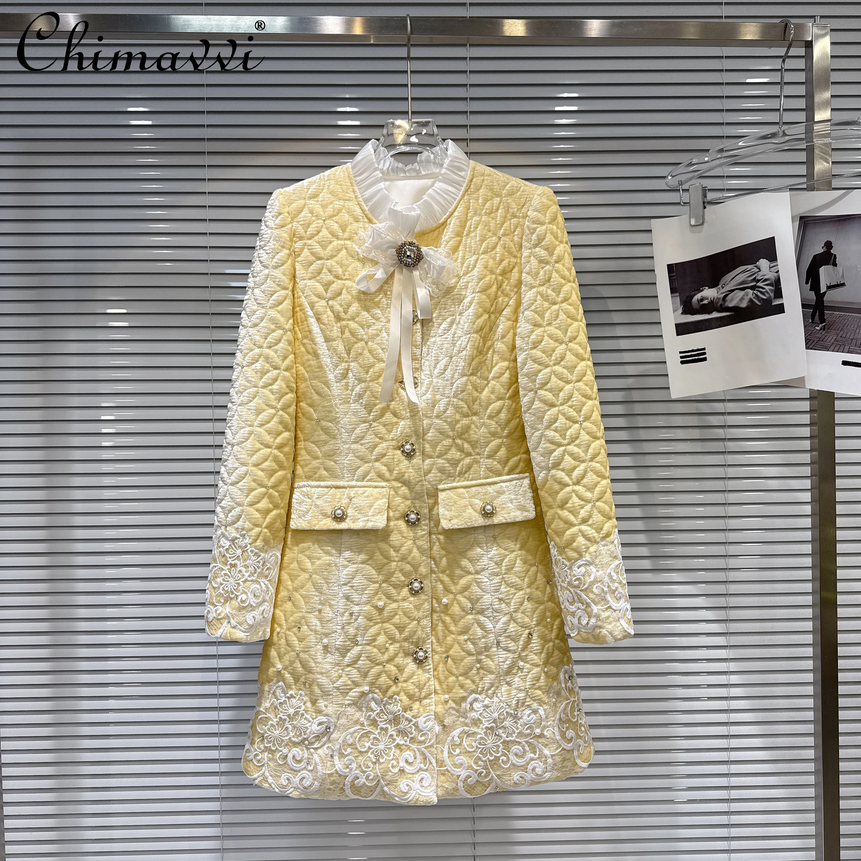 

French Elegant Fashion Socialite Diamond Bow Embroidery Lace Patchwork Single-Breasted Down Long Trench Coat for Women Winter