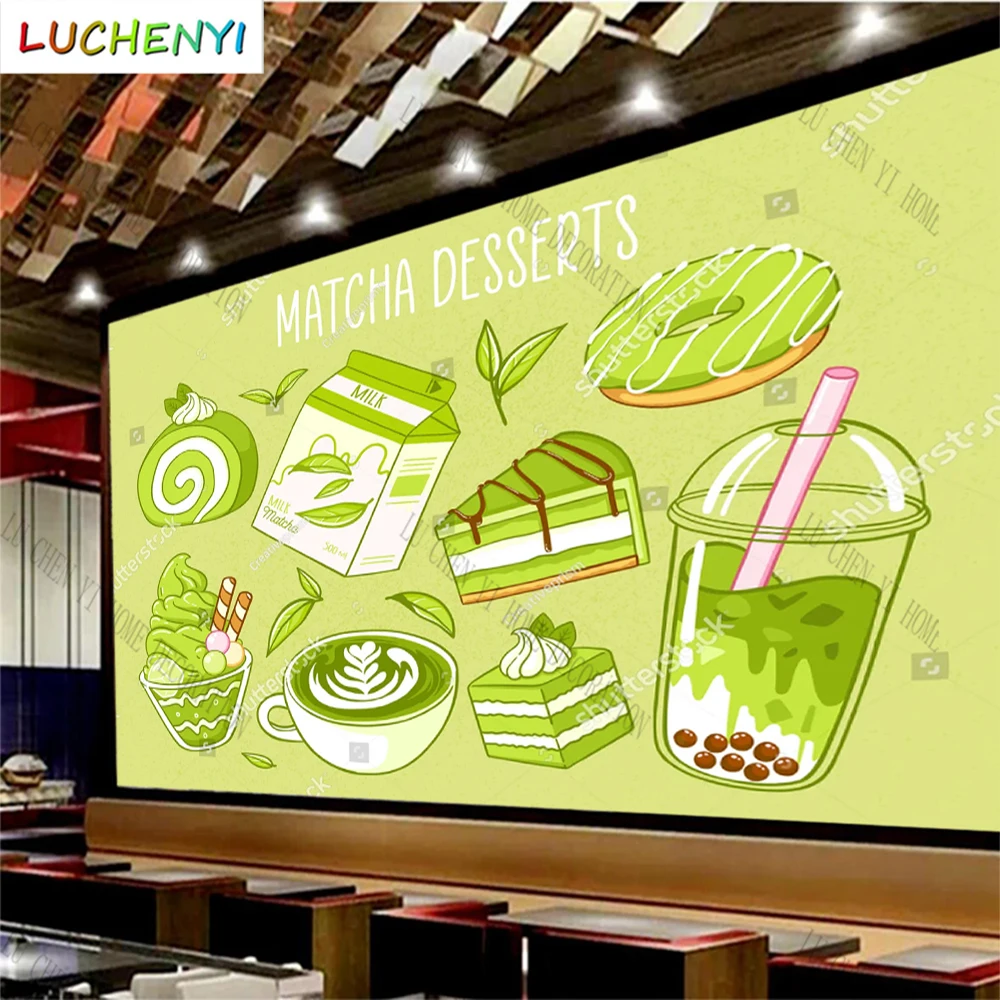 

Custom matcha tea dessert mural wallpaper restaurant matcha drinking shop dining room wall papers home decor sticker