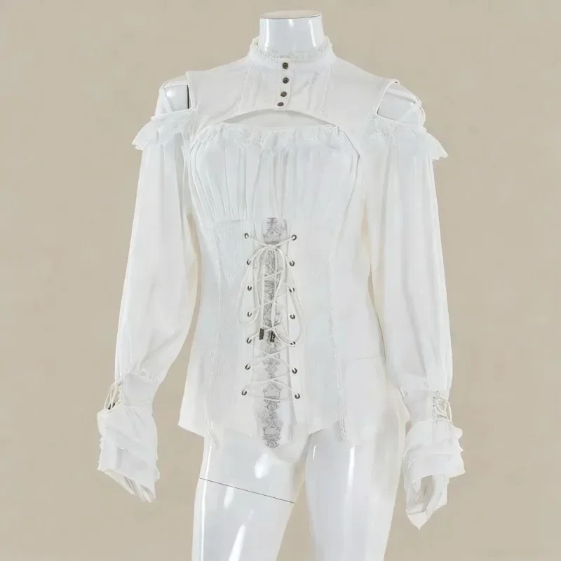 

Goth Women Blouses 2025 Blusas Mujer De Moda Long Sleeve Slim Waist Shirts Hollow Out Off Shoulder Blouse Bandage Lace Y2k Tops